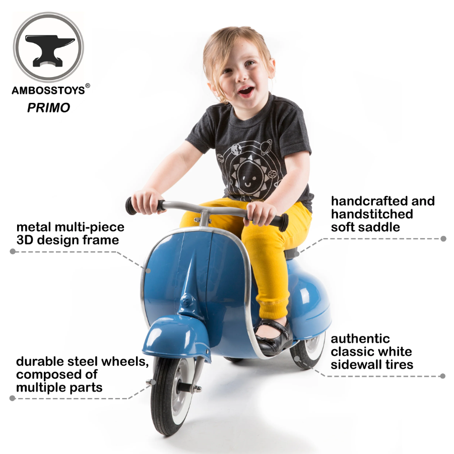Ambosstoys PRIMO 經典 兒童平衡車 (復古藍 BLUE) | 送給孩子、孫子或愛人的完美禮物 | 每位經典汽車愛好者的收藏品