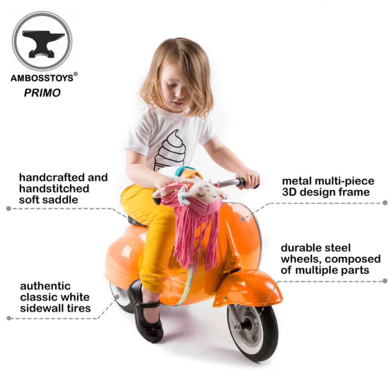 Ambosstoys PRIMO 經典 兒童平衡車 (珊瑚橙 ORANGE) | 送給孩子、孫子或愛人的完美禮物 | 每位經典汽車愛好者的收藏品